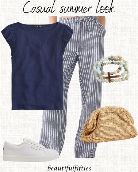 Best selling all linen pants and navy top. Casual summer look. 
A raffia clutch and white sneakers finishes the cool look 
Use Code BF20 on bracelet 

#LTKFindsUnder100 #LTKMidsize #LTKTravel