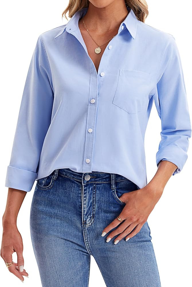 siliteelon Button Down Shirts for Women Cotton Oxford Shirt Dress Shirt Long Sleeve Work Blouses ... | Amazon (US)