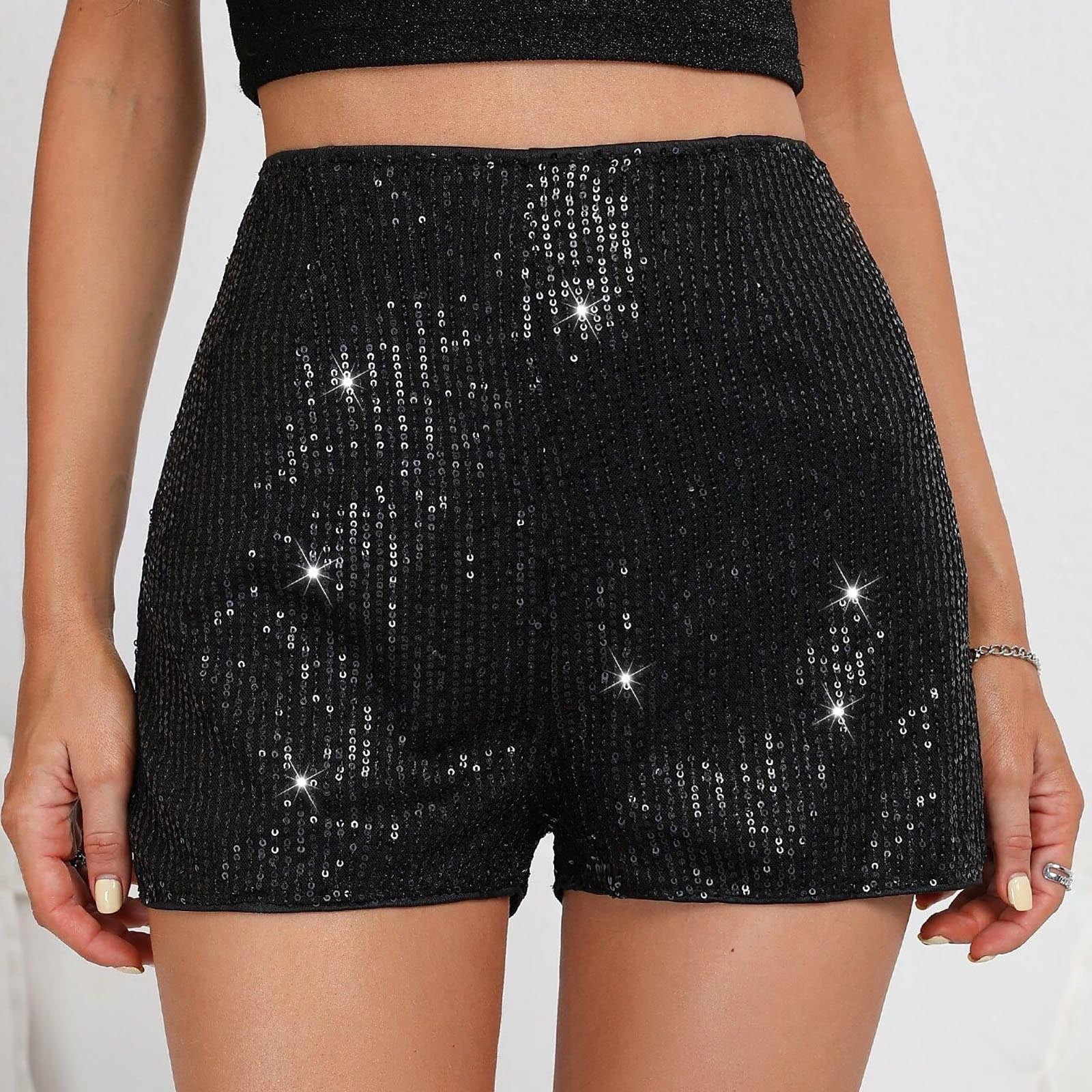WNEGSTG High Waisted Sequin Shorts for Women Elastic Straight Leg Sparkly Glitter Party Shorts Bl... | Walmart (US)