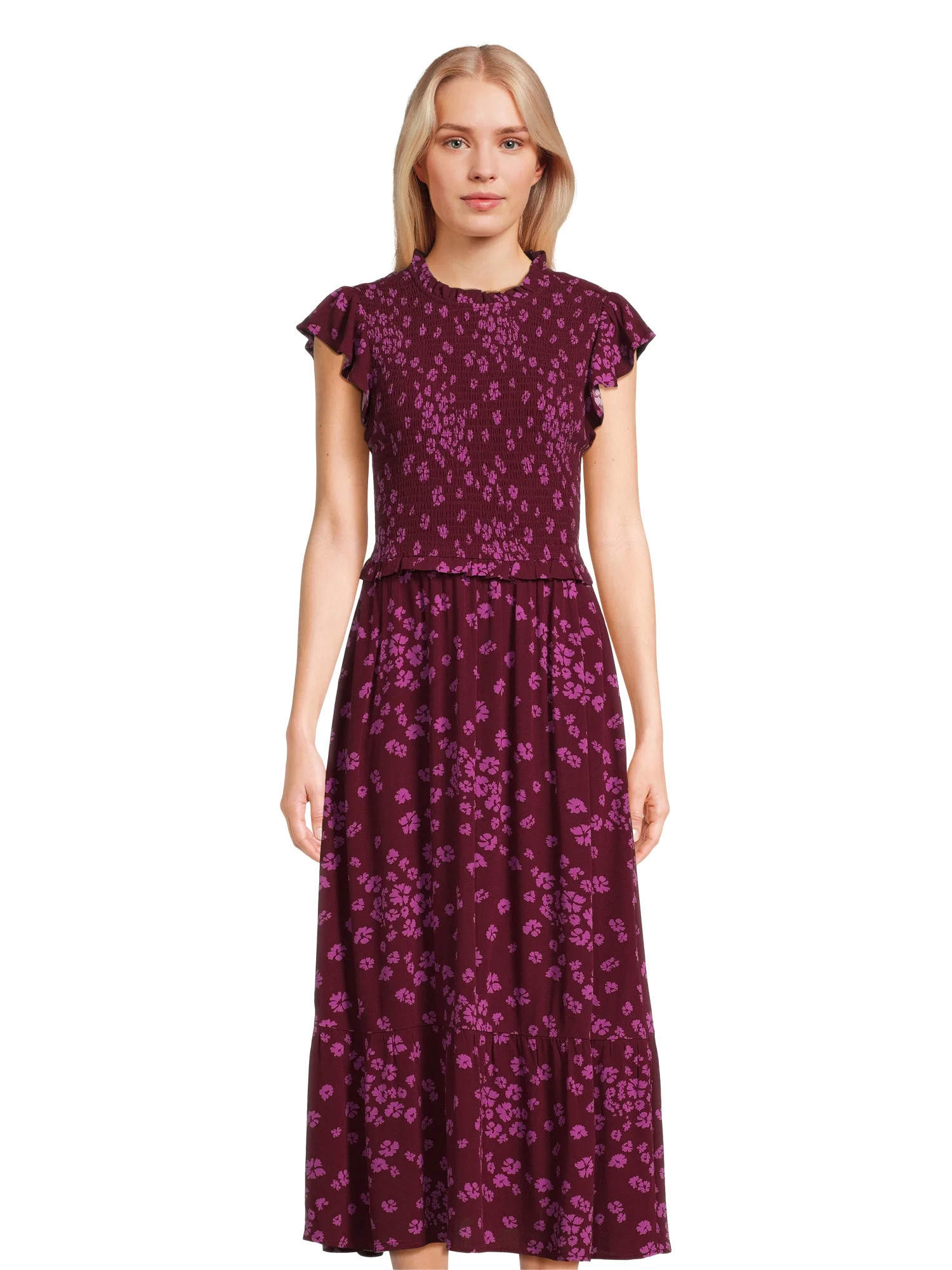 Time and Tru Smocked Bodice Midi Dress with Flutter Sleeves, XS-XXXL - Walmart.com | Walmart (US)