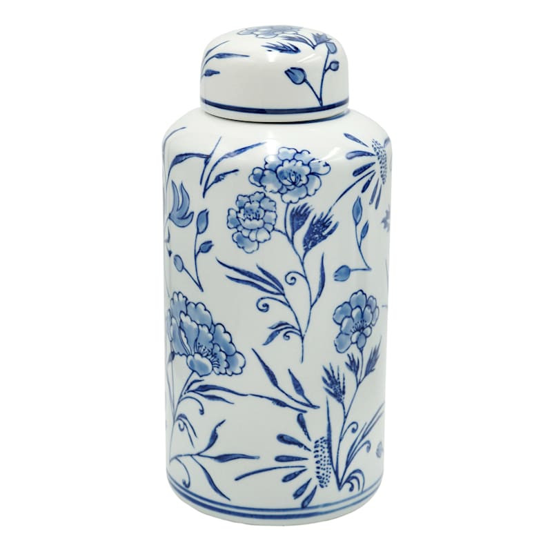 Blue & White Floral Ceramic Jar with Lid, 11" | At Home