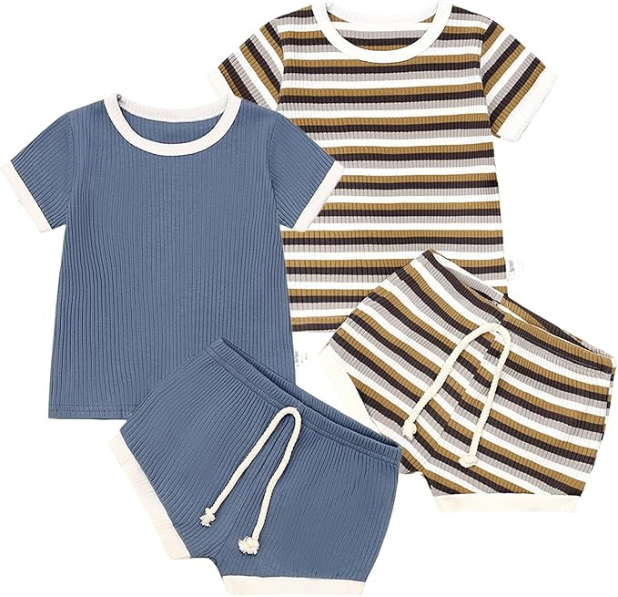 Baby Boys Girls Summer Shorts Set Rib-Knit Cotton Short Sleeves Top+Elastic Shorts Toddler Stripe... | Amazon (US)