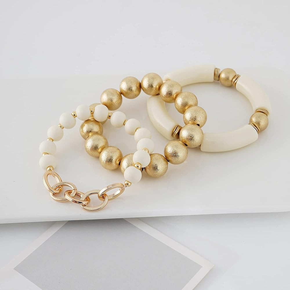 LALAPPLE Gold Plated Beaded Acrylic Bamboo Tube Bangle Bracelets for Women, Colorful Chunky Curved T | Amazon (US)