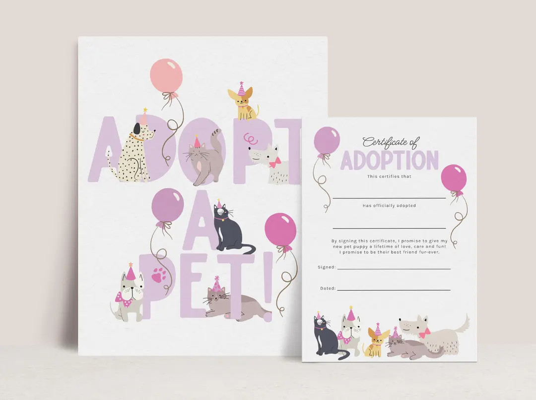 Adopt a Pet Sign and Certificate, Printable Kids Cats and Dogs Birthday Party Game B943 - Etsy | Etsy (US)