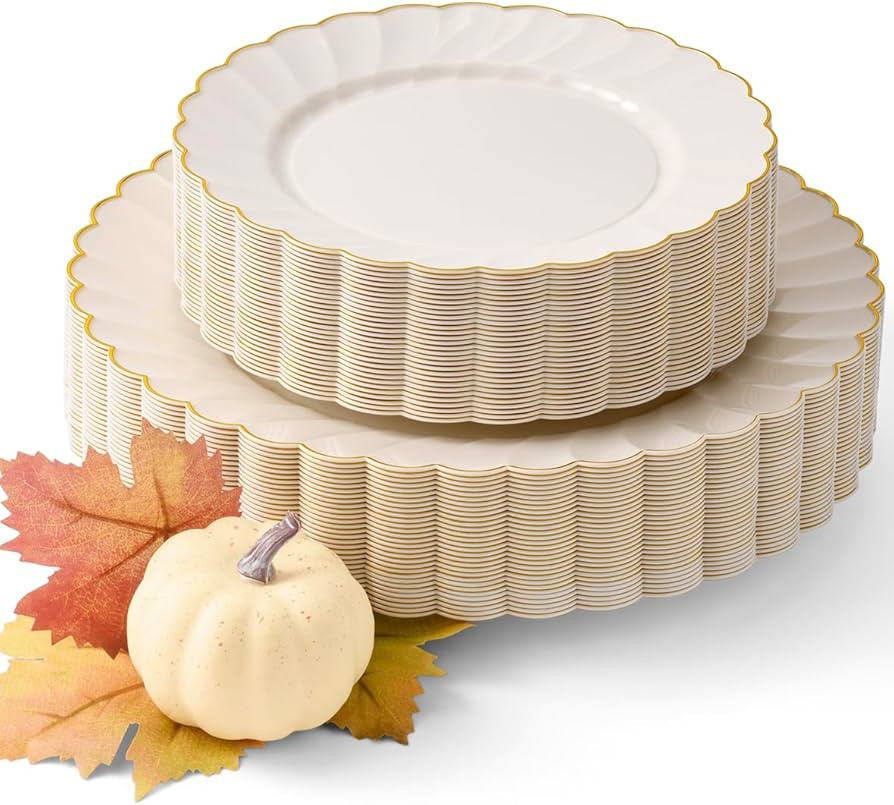 By Madee HEAVYWEIGHT 60 PC Scalloped Ivory and Gold Plates | Perfect Thanksgiving Plates, Fall Pl... | Amazon (US)