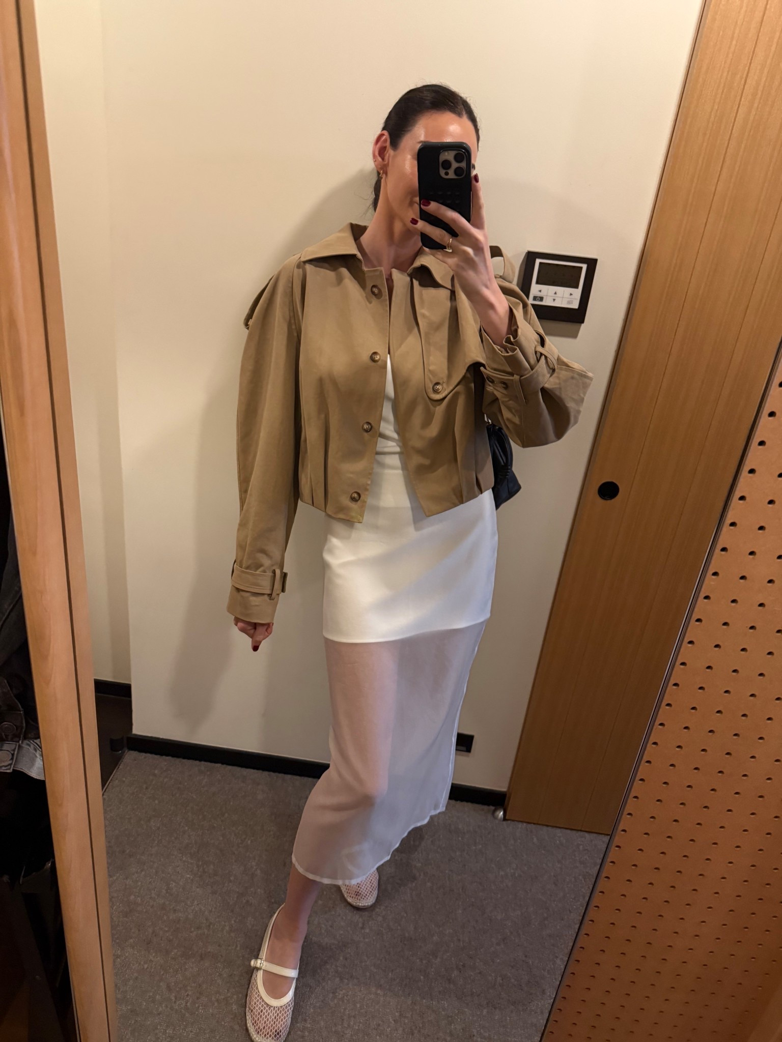 Henne trench jacket 
Henne white tank 
Henne white skirt 
White mesh ballet flats 

#LTKstyletip #LTKspring #LTKaustralia