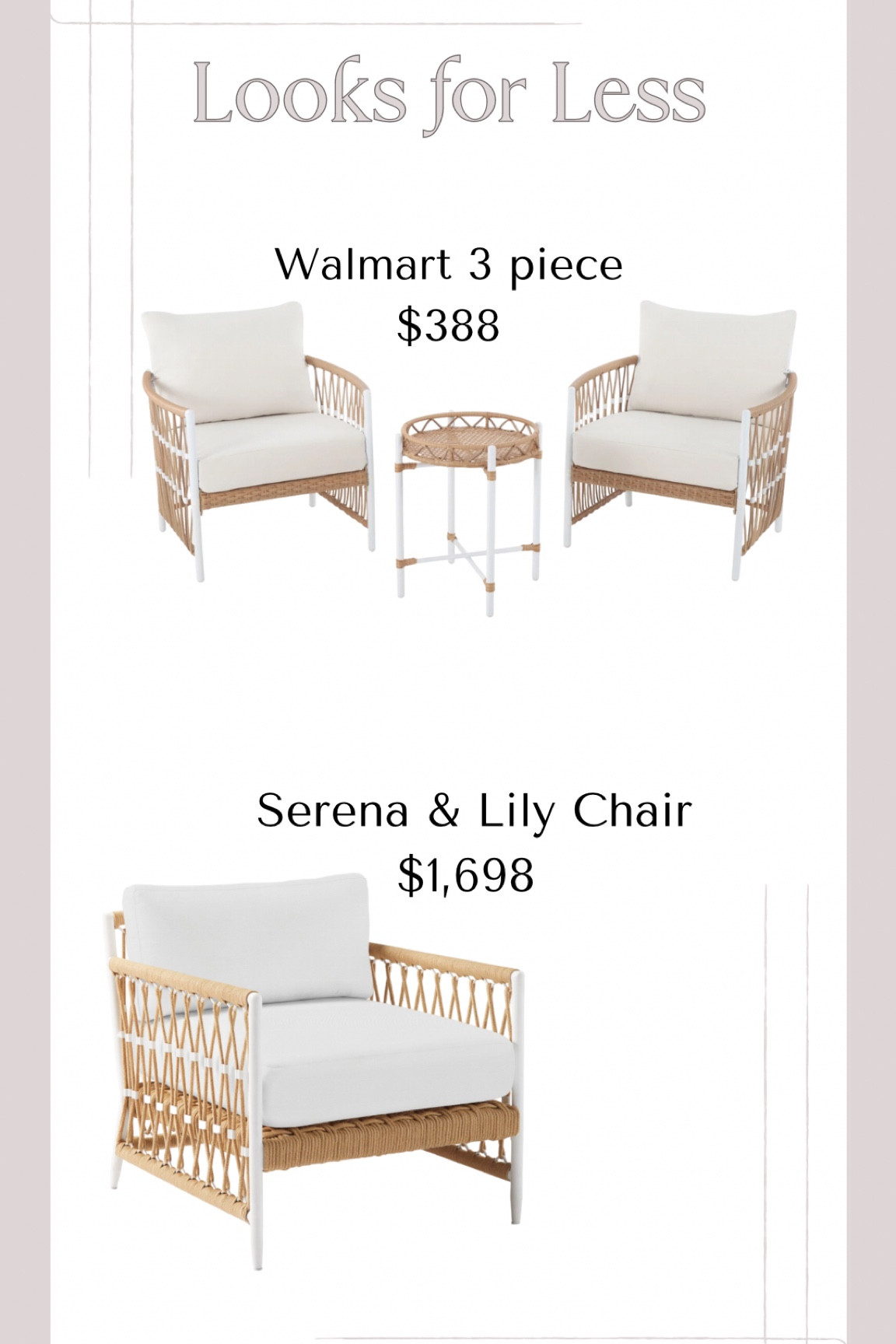 Loving this Serena and Lily chair dupe from Walmart! This 3 piece set sells out quickly so be sure to save it as a favorite and you will be notified when it’s back in stock  

#LTKSummerSales #LTKHome #LTKSaleAlert