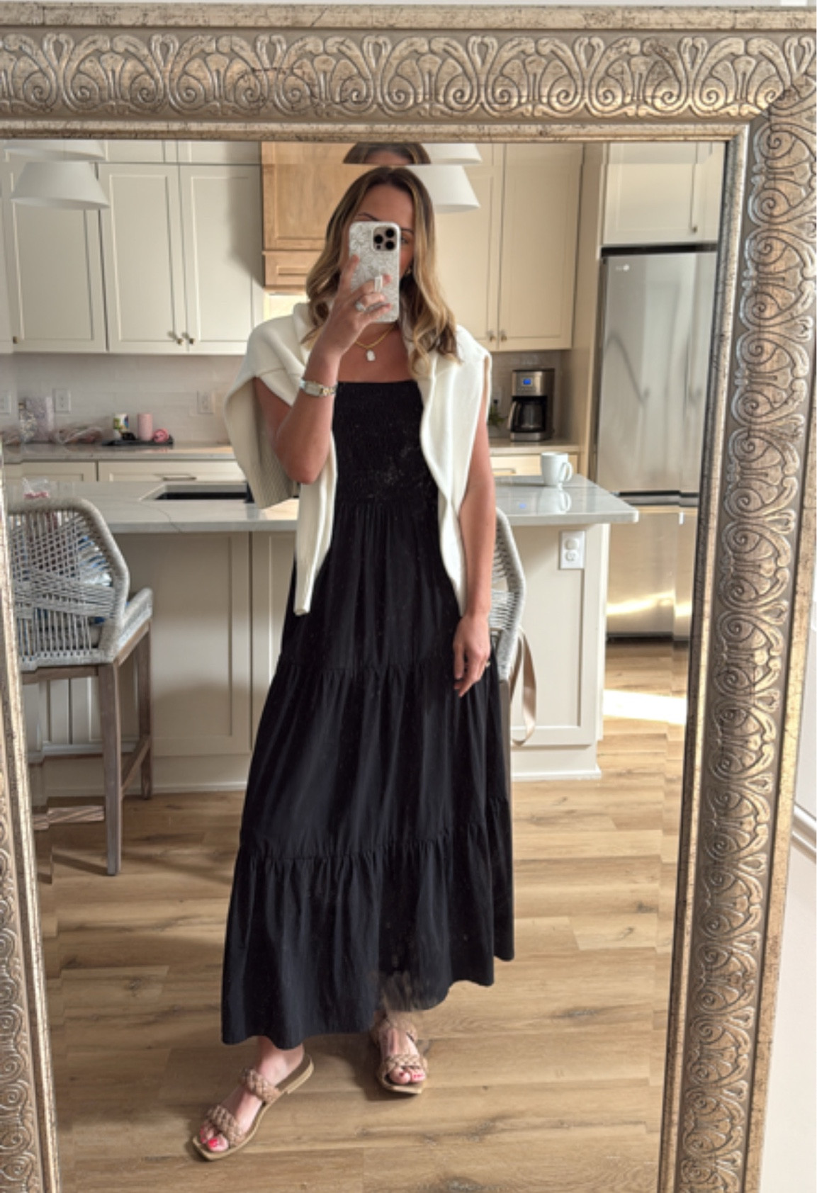 Black maxi dress - lightweight white knit sweater 

#LTKSeasonal #LTKSummerEdit #LTKFindsUnder50