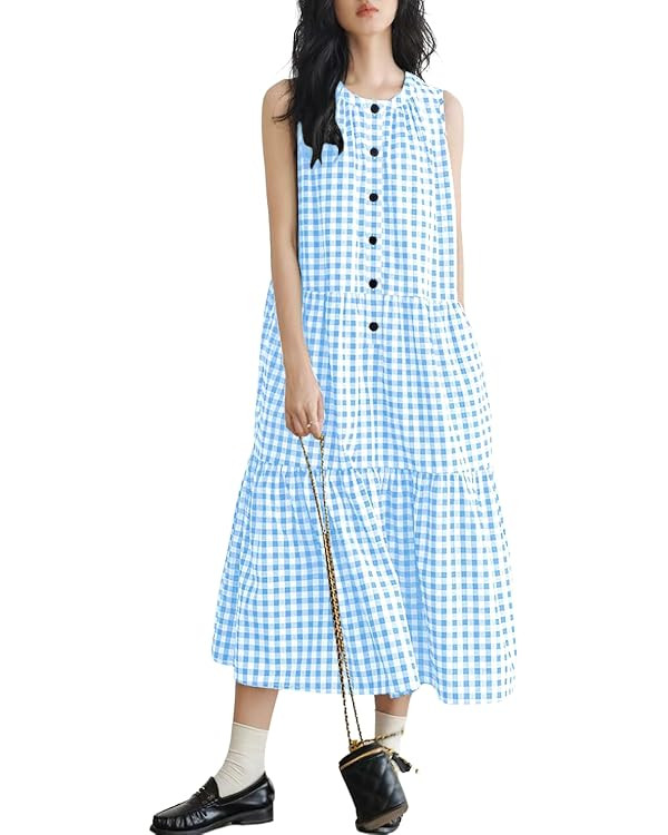 chouyatou Women Summer A Line Tiered Tank Gingham Dress Cotton Linen Sleeveless Beach Plaid Sun D... | Amazon (US)