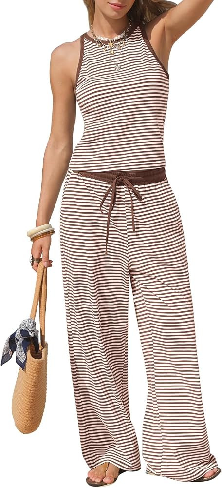EXLURA Womens Cotton Summer 2 Piece Halter Top Matching Wide Leg Pants Sets | Amazon (US)