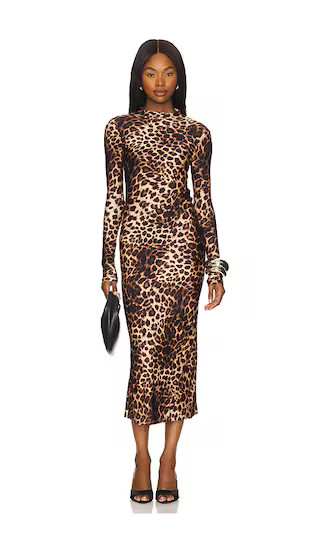 Good American Satin Shine Funnel Neck Midi Dress in Brown. - size S | Revolve Clothing (Global)