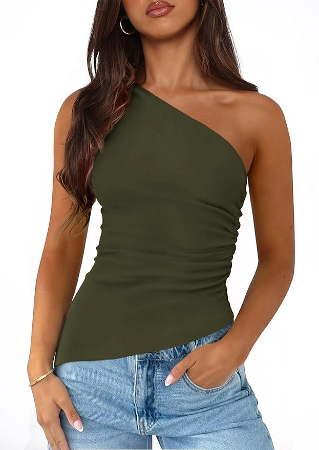 PRETTYGARDEN Womens 2025 Summer Y2K Tops Sleeveless One Shoulder Slim Fit Shirts Ruched Knit Asym... | Amazon (US)