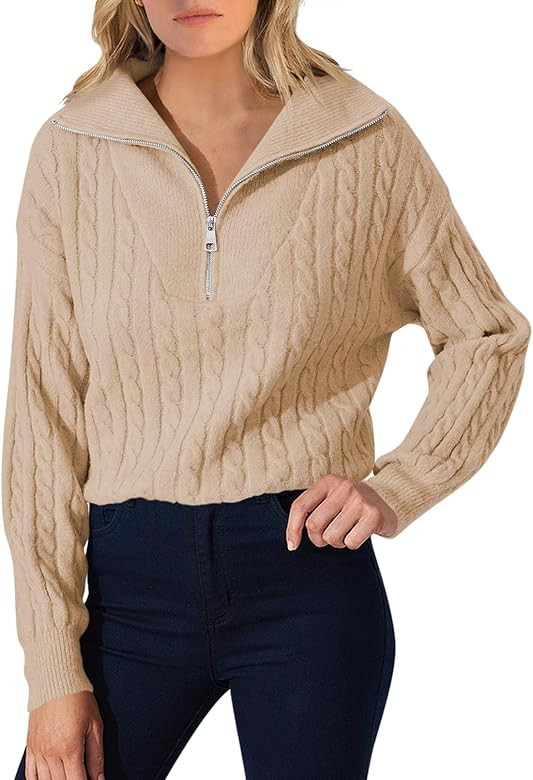 Women's Quarter Zip Cable Knit Sweaters 2023 V Neck Long Sleeve Pullover Tops | Amazon (US)