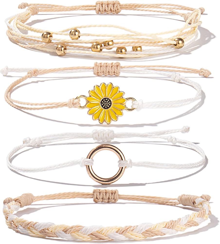 FANCY SHINY Sunflower String Bracelet Handmade Braided Rope Charms Boho Surfer Bracelet for Women | Amazon (US)