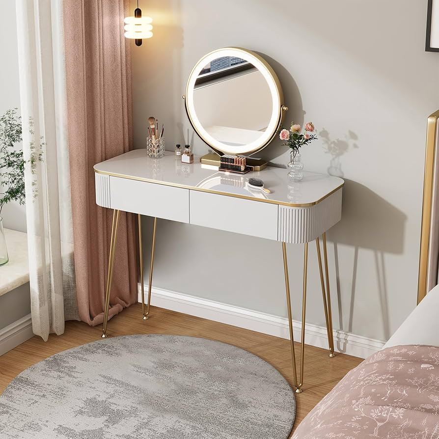 Small Vanity Desk with Mirror and Lights, 39" White and Gold Makeup Vanity Table with 2 Drawers, ... | Amazon (US)