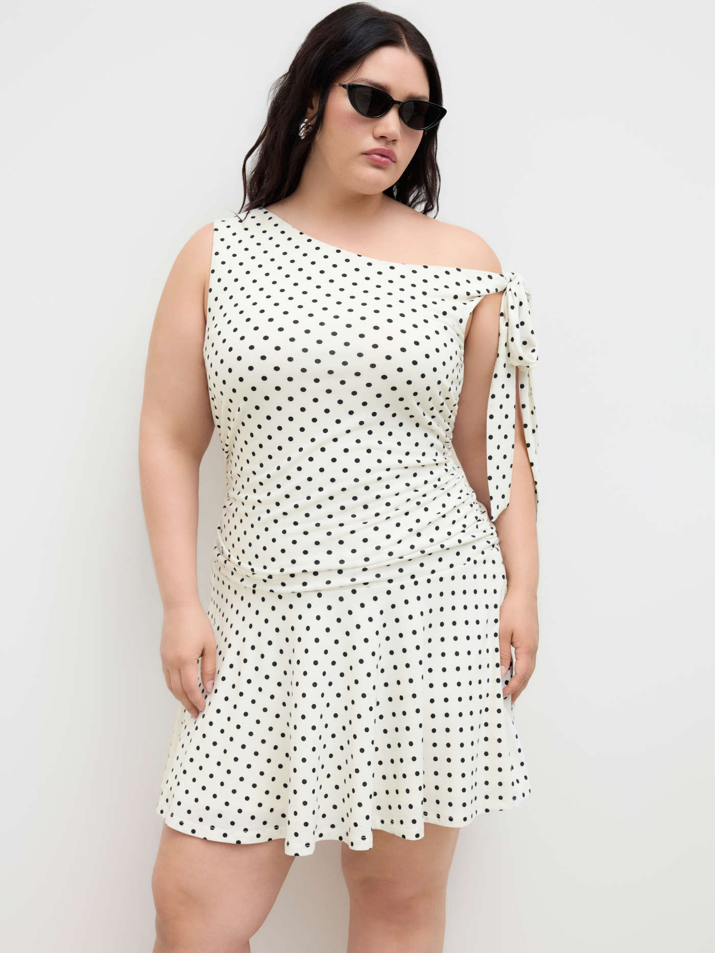 Asymmetrical Neck Polka Dot Ruched Mini Dress Curve & Plus | Cider