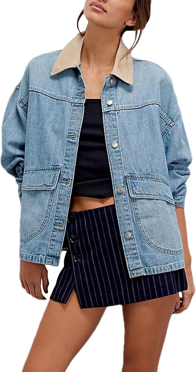 Women's Oversized Denim Jacket with Contrast Trim | Amazon (US)
