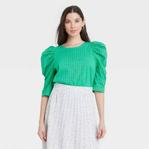 Women's Elbow Sleeve Eyelet Top - A New Day™ | Target