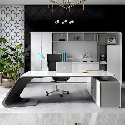Modern Luxury White Executive Desk With Socket,Key Lock,and Side Cabinet | Wayfair North America