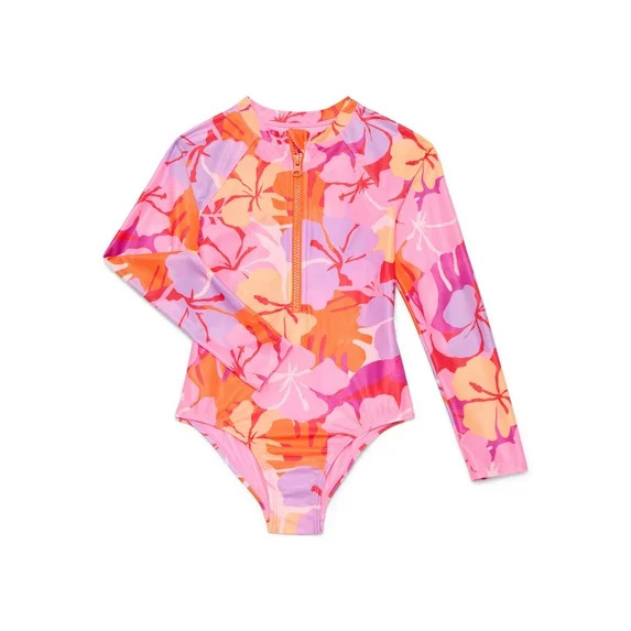 Wonder Nation Girls Zip Up Rash Guard One Piece Swimsuit with Long Sleeves, Sizes 4-16 | Walmart (US)