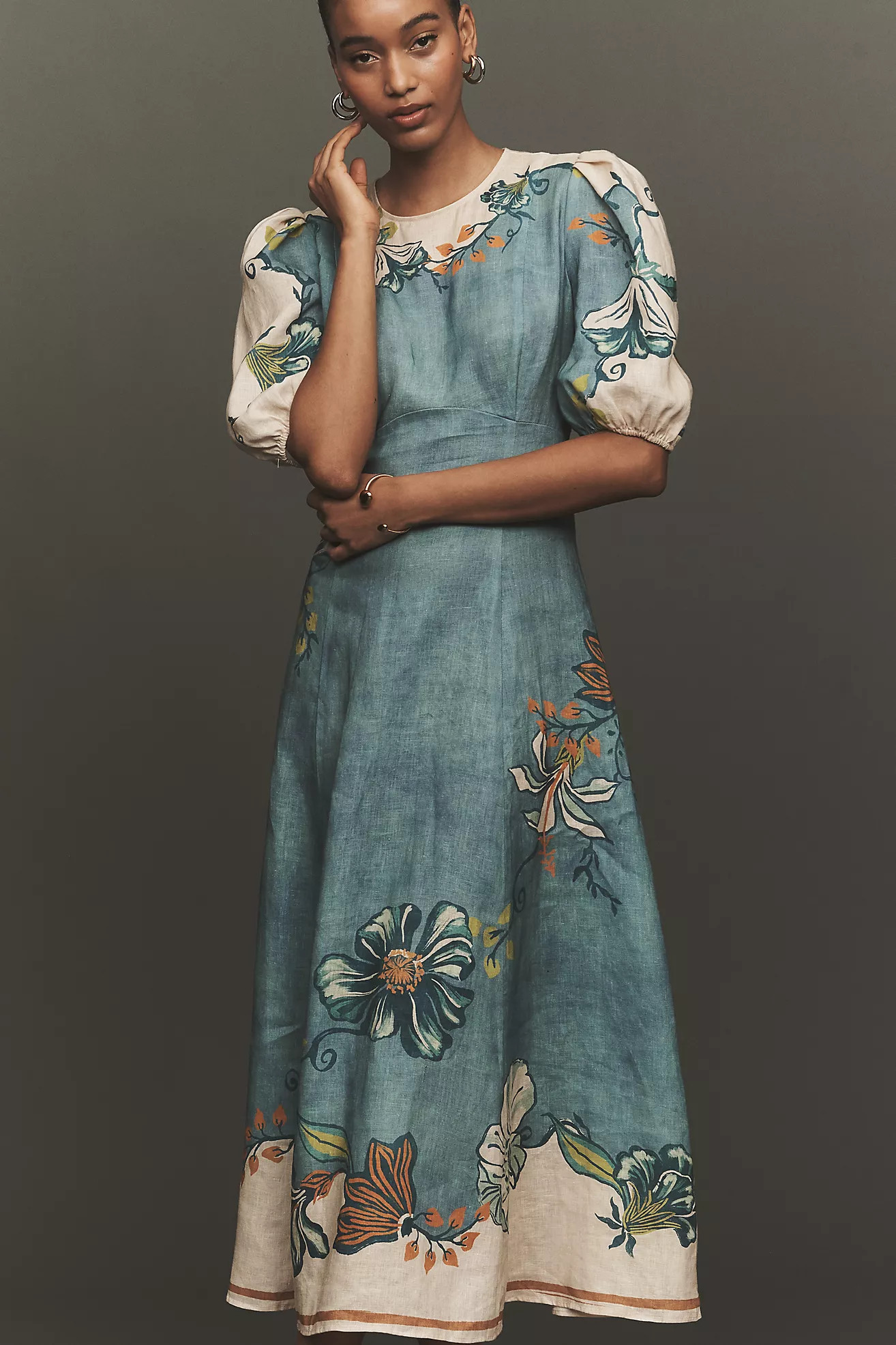 ALÉMAIS Luda Puff-Sleeve Linen Midi Dress | Anthropologie (US)