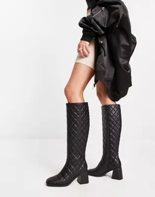 Monki knee high quilted heeled boot in black | ASOS (Global)