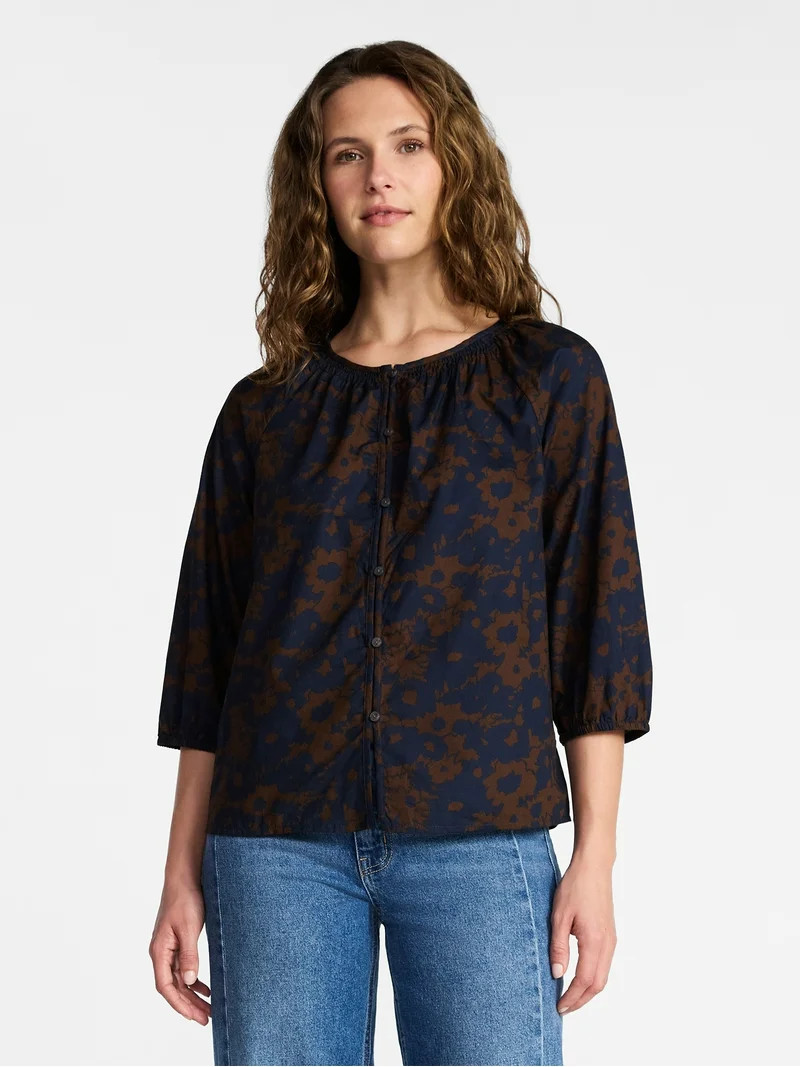 Time and Tru Women's Cotton Button Front Blouse with ¾ Length Sleeves, Sizes XS-XXXL | Walmart (US)
