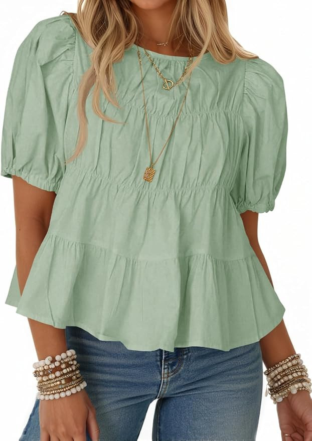 Tankaneo Womens Puff Sleeve Peplum Babydoll Tops Summer Flowy Pleated Cotton T-Shirts Casual Loos... | Amazon (US)