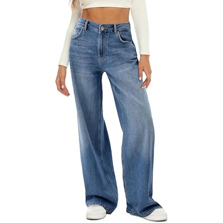 Women's Adjustable Wasit Baggy Jeans with Snap-Button Waistband Wide Straight Leg High Rise Jeans for Women - No Belt Needed | Amazon (US)