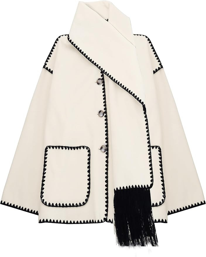 SeekMe Womens Embroidered Scarf Jacket Oversized Wool Blend Coat Button Down Winter Outerwear wit... | Amazon (US)