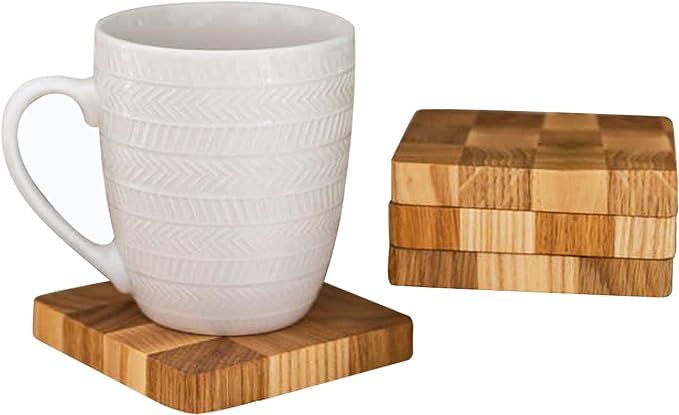 [Pack of 4] End Grain Wooden Coasters - Oak + Ash Wood - 4 inch Natural Wood Coasters Set - Made ... | Amazon (US)