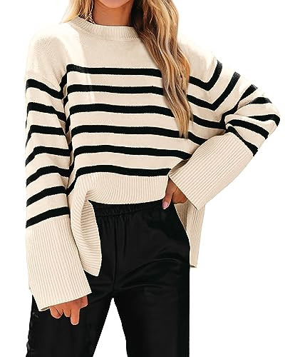 KIRUNDO Women's Striped Knit Oversized Fall Sweaters 2026 Trendy Clothes Crewneck Winter Pullover Sweater Side Split(Beige, Small) | Amazon (US)
