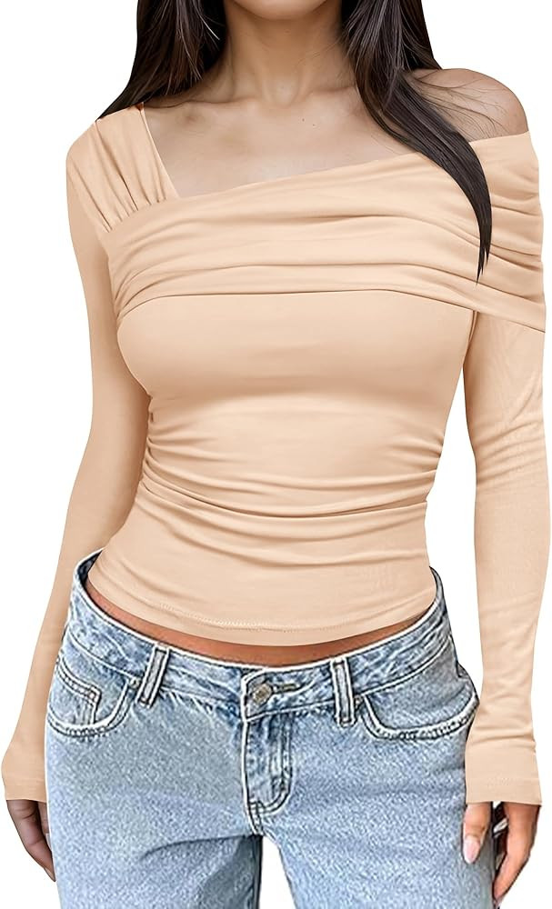 Rapbin Womens One Off Shoulder Long Sleeve Tops Ruched Y2K Slim Fit Shirts Going Out Top | Amazon (US)