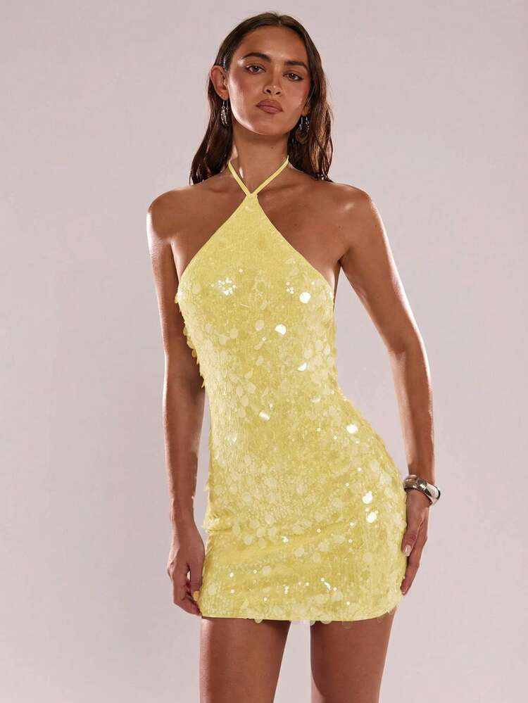 SHEIN BAE Women's Solid Color Sequin Sexy Fashion Halter Mini Dress | SHEIN