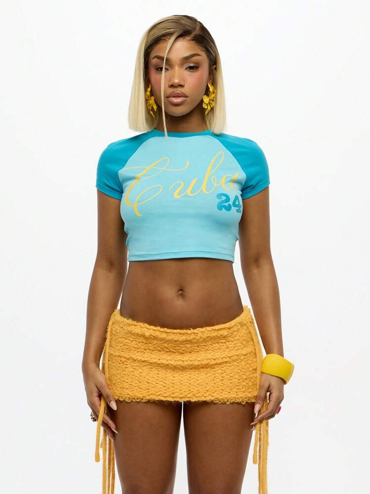 SUMWON WOMEN Retro Caribbean Y2k Baby Tee Graphic Short Sleeve Crop Top Raglan Baseball Style Lounge Festival Vacation Summer Fitted Tshirt | SHEIN