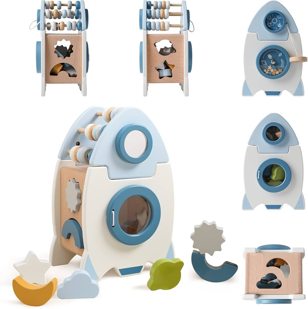 bopoobo 5 in 1 Wooden Rocket Activity Cube Wooden Space Toy Montessori Baby Shape Sorter for Kids... | Amazon (US)