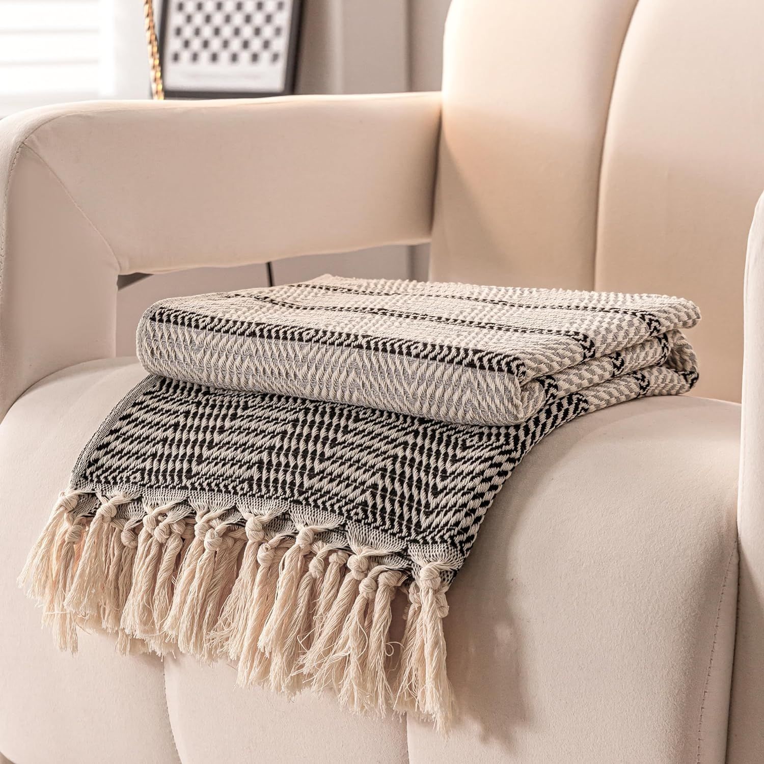 Peshtemania Premium Cotton Boho Throw Blanket |50”x60”| Grey Black and White Throw Blankets f... | Amazon (US)