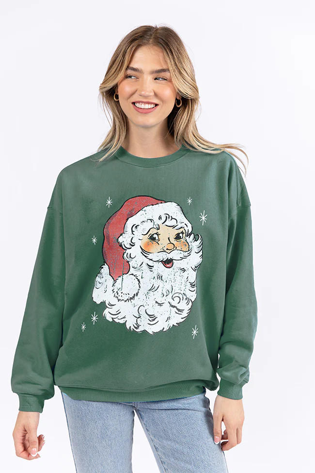 Vintage Santa Pine Needle Green Graphic Sweatshirt | Pink Lily