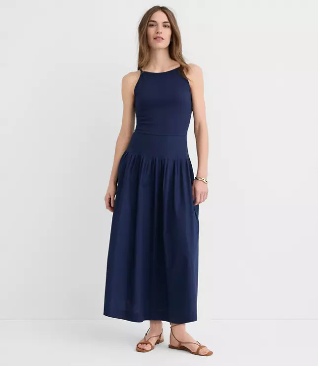 Pleated Mixed Media Midi Halter Dress | LOFT