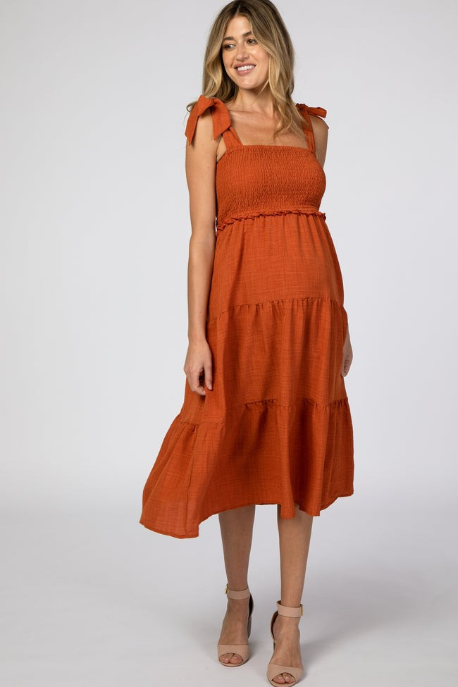 Rust Bow Strap Tiered Maternity Midi Dress | PinkBlush Maternity