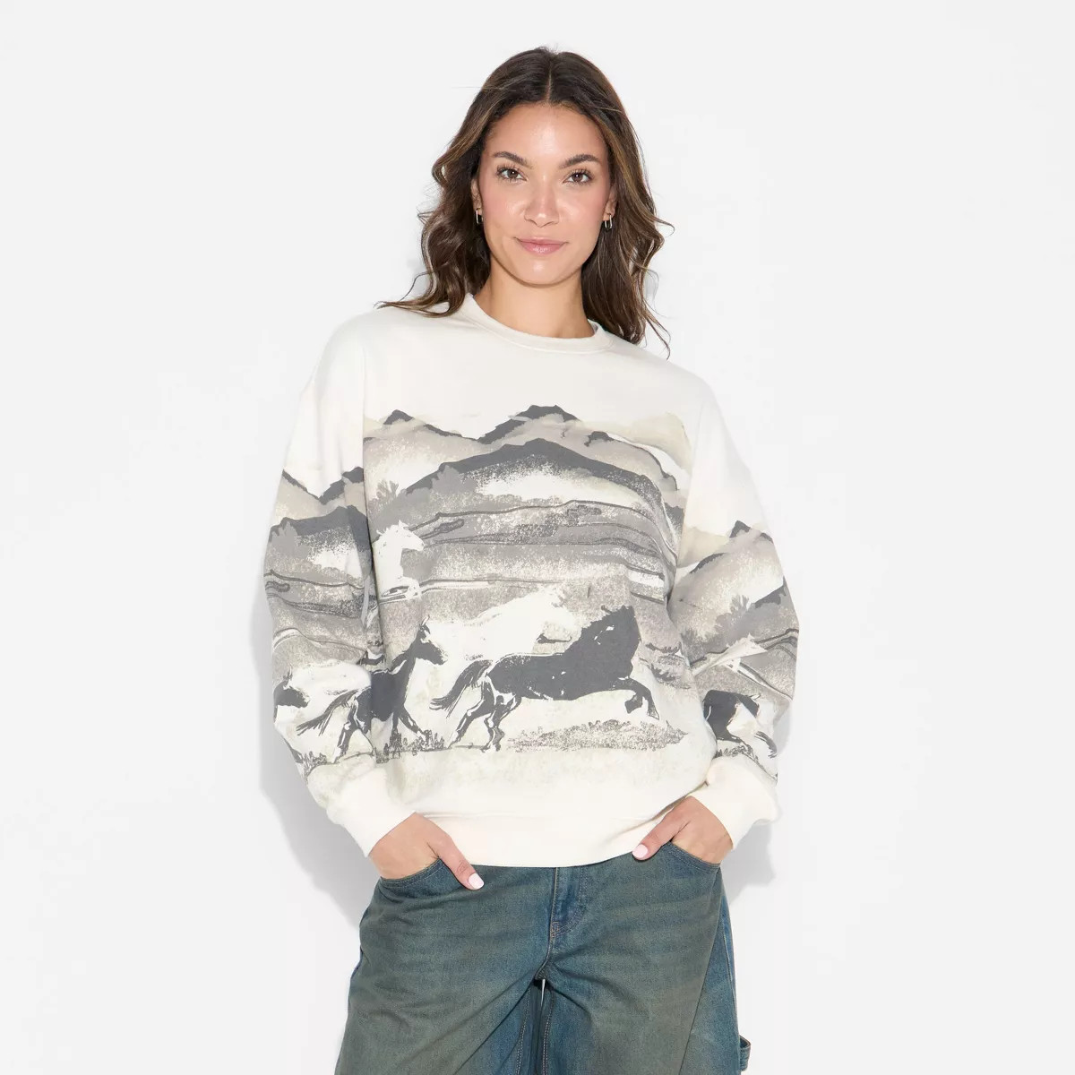 Women's Wild Horses Fleece Graphic Sweatshirt - Cream/Gray XS | Target