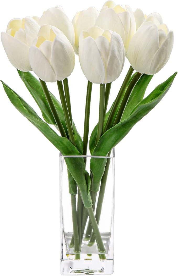 Briful Fake Flowers Artificial Tulip Flower White in Clear Vase, Real Touch Foam Tulip Arrangemen... | Amazon (US)