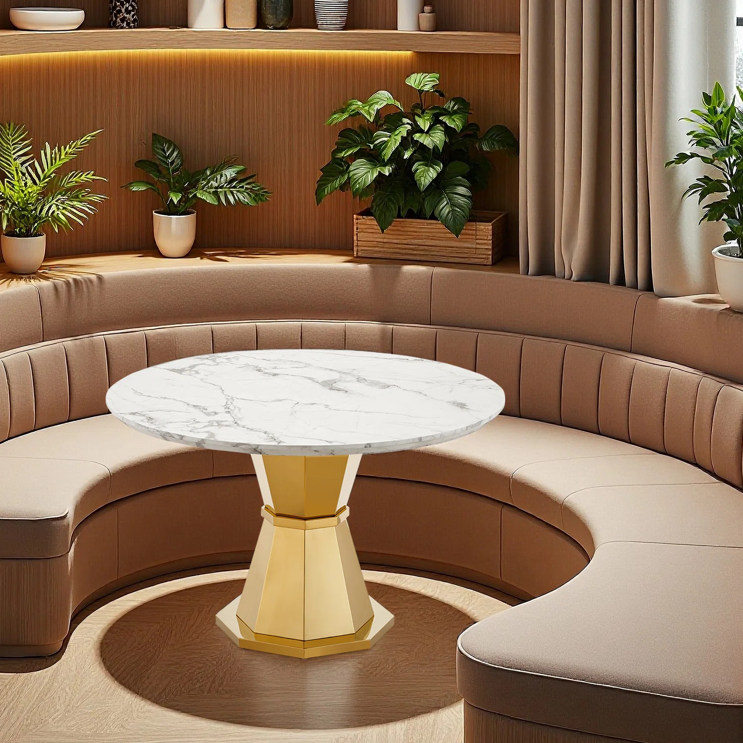 47" Round Marble Dining Table, Modern Kitchen Table With High Gloss Faux Marble Tabletop And Stai... | Wayfair North America