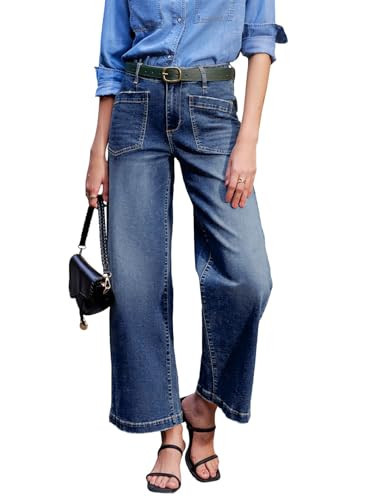 Sidefeel Womens Jeans High Waisted Stretchy Wide Leg Jeans Trendy Straight Leg Loose Zimbaplatinum Denim Pants Bluing Size 8 | Amazon (US)