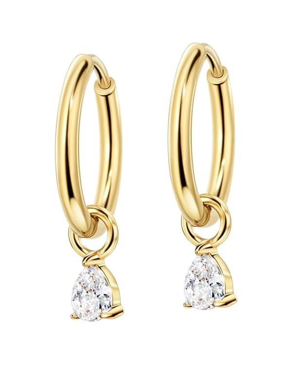 FANSING Lightweight Drop Dangle Huggie Earrings for Women with Teardrop Birthstone Ornament 18k G... | Amazon (US)