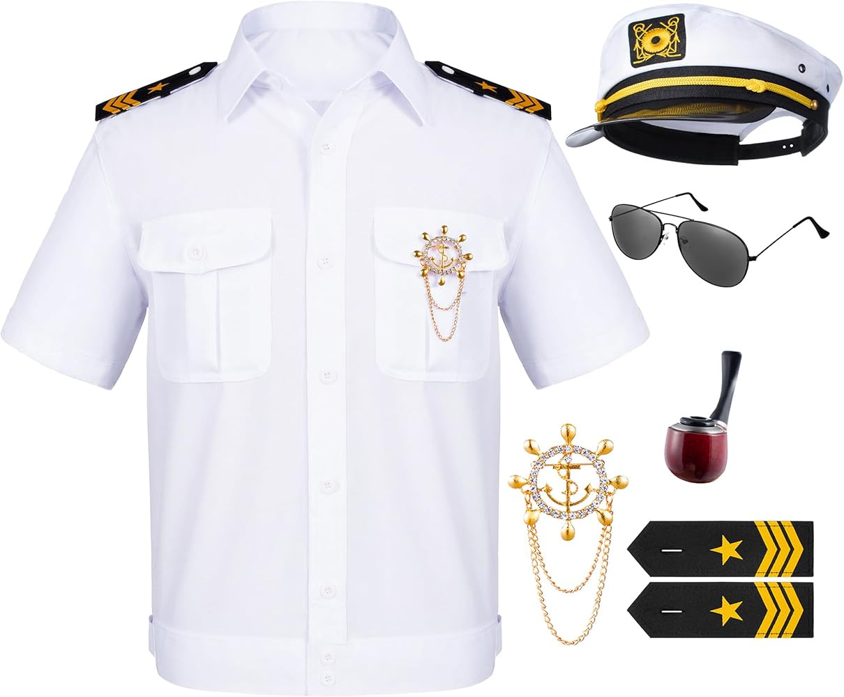 6PCS Men's Yacht Captain Sailor Costume Adult Shirt Hat Accessories Set Party Cosplay | Amazon (US)