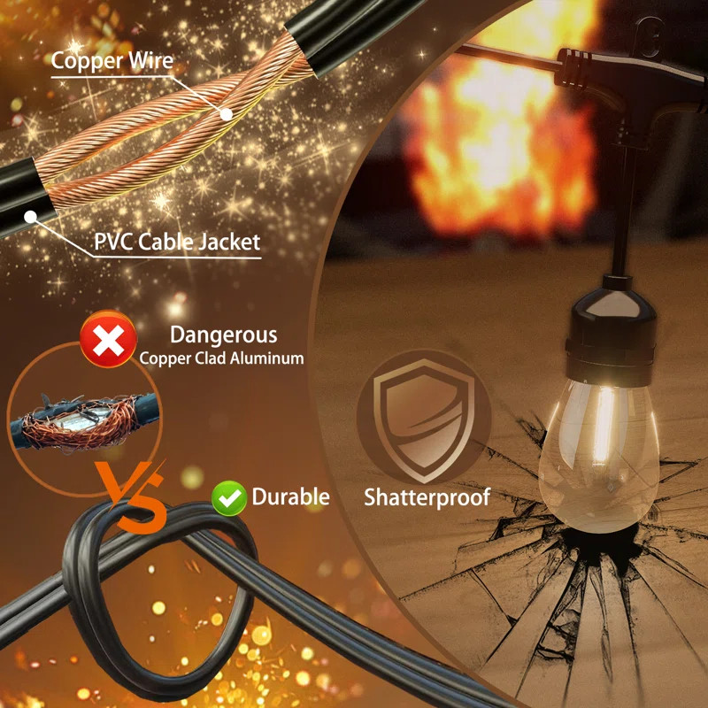 Arlmont & Co. 48FT LED Outdoor String Lights Patio Lights with 15 Shatterproof S14 Bulbs,Connecta... | Wayfair North America