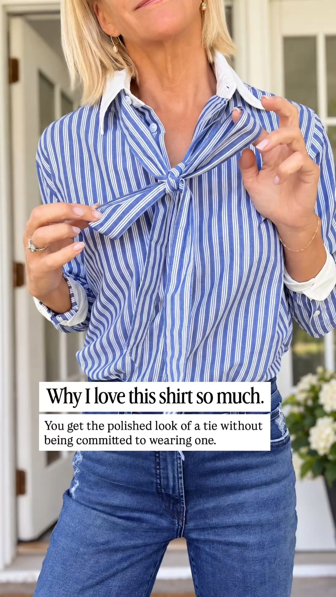 This blue-and-white striped shirt has the best little secret, the tie is detachable! You can wear it tied at the neck, loosen it and wear it lower, or take it off completely. I love pieces that give you multiple looks from one purchase!

👩‍💻 LTK PRO TIPS
❤️ Heart = Support my posts ;-)
🔖 Save = Get sale & restock alerts for the things you love!
📋 Lists = Keep favorites organized (List ideas: Christmas, Birthdays, and Vacations!)
📲 Share = Send lists and products to a friend (or your daughters like me).
💬 Comment = Ask me anything, and I’ll answer. ;-)