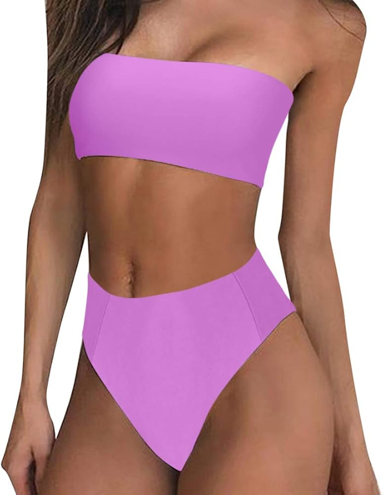 Women High Cut Bandeau Tropical Leaf Printed Strapless Swimsuits Bikini Set | Amazon (US)