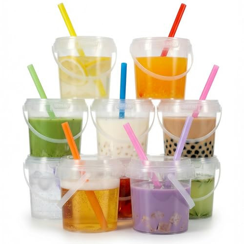 ASEVAT 10 Pack 34oz Clear Plastic Drink Buckets with Dual-Lid System, Reusable 1L Cups with Lids and Straws, Leakproof Bucket Cups for Boba Bubble Tea, Smoothies, Iced Coffee | Amazon (US)